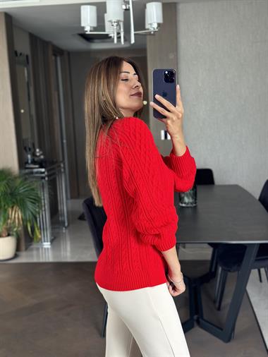 Kırmızı On Düğmeli Saç Örgü Kadın Triko Kazak