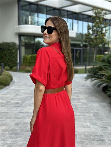 Kırmızı Ön Ve Arka Pileli Kısa Kol Kemerli Kadın Gömlek Elbise