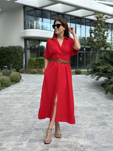 Kırmızı Ön Ve Arka Pileli Kısa Kol Kemerli Kadın Gömlek Elbise
