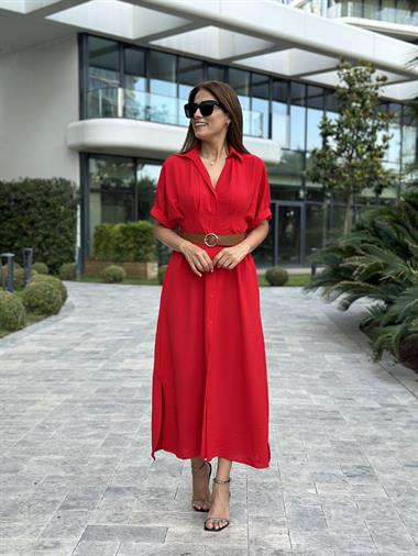 Kırmızı Ön Ve Arka Pileli Kısa Kol Kemerli Kadın Gömlek Elbise