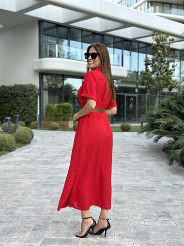 Kırmızı Ön Ve Arka Pileli Kısa Kol Kemerli Kadın Gömlek Elbise