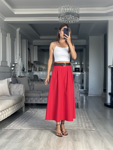 Kırmızı Önü Pileli Kemerli  Midi Boy Kadın Etek