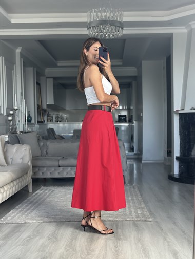 Kırmızı Önü Pileli Kemerli  Midi Boy Kadın Etek