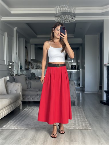 Kırmızı Önü Pileli Kemerli  Midi Boy Kadın Etek