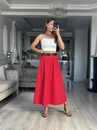 Kırmızı Önü Pileli Kemerli  Midi Boy Kadın Etek
