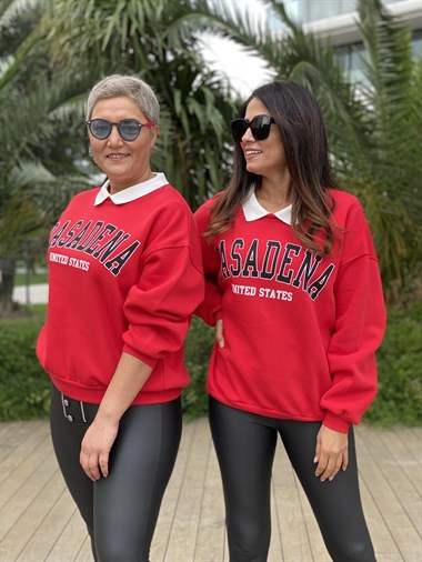 Kırmızı Pasadena Polo Yaka İki İplik Kadın Sweatshirt