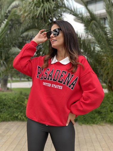 Kırmızı Pasadena Polo Yaka İki İplik Kadın Sweatshirt