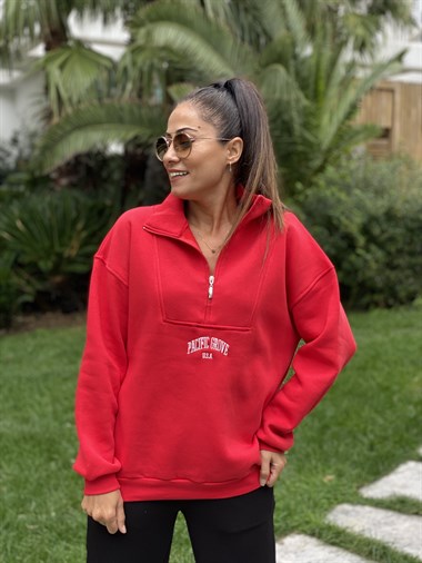 Kırmızı Pacific Fermuar Detay Kadın Sweatshirt