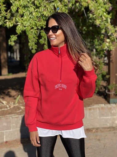 Kırmızı Pacific Fermuar Detay Kadın Sweatshirt