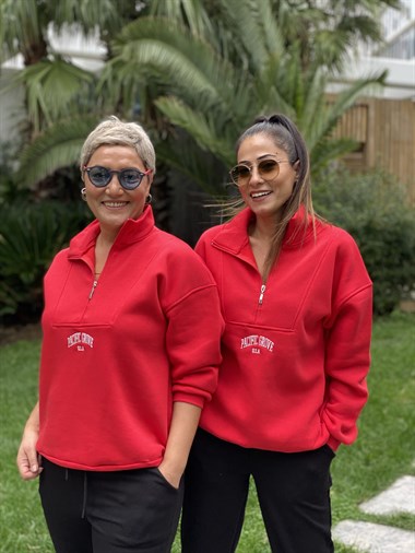 Kırmızı Pacific Fermuar Detay Kadın Sweatshirt