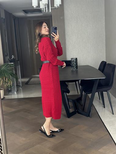Kırmızı Saç Örgü Bisiklet Yaka Kadın Triko Elbise