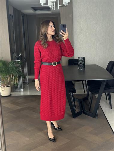 Kırmızı Saç Örgü Bisiklet Yaka Kadın Triko Elbise