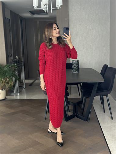 Kırmızı Saç Örgü Bisiklet Yaka Kadın Triko Elbise