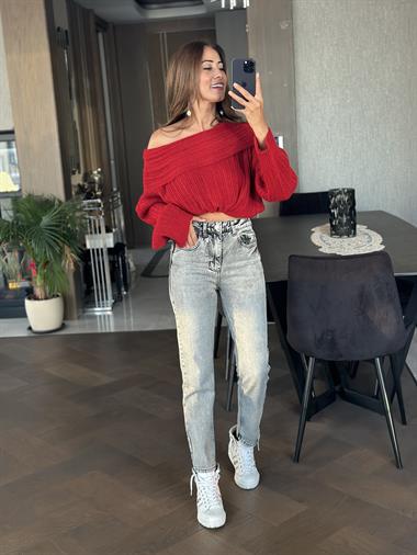 Kırmızı Şal Yaka Fitilli Kadın Triko Kazak