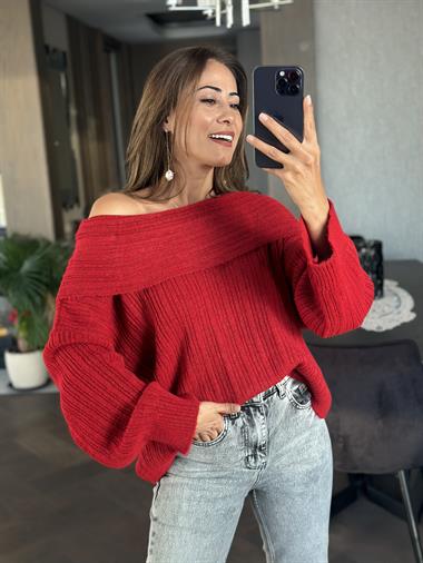Kırmızı Şal Yaka Fitilli Kadın Triko Kazak