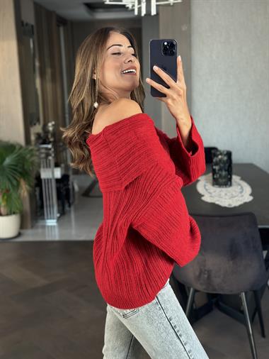 Kırmızı Şal Yaka Fitilli Kadın Triko Kazak