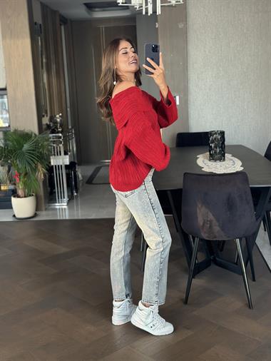 Kırmızı Şal Yaka Fitilli Kadın Triko Kazak