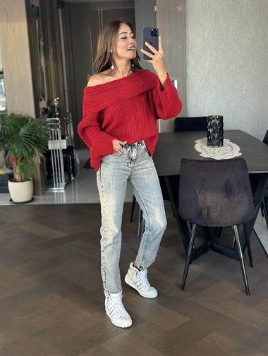 Kırmızı Şal Yaka Fitilli Kadın Triko Kazak