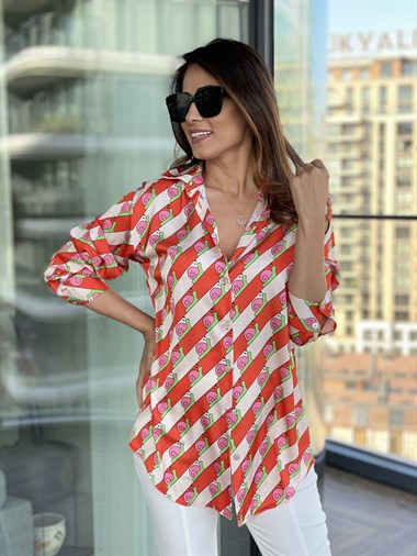 Kırmızı Salyangoz Desenli Kadın Saten Gömlek