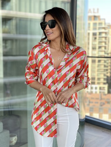 Kırmızı Salyangoz Desenli Kadın Saten Gömlek