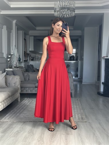 Kırmızı Scuba Bağlama Detay Maxi Boy Kadın Elbise 