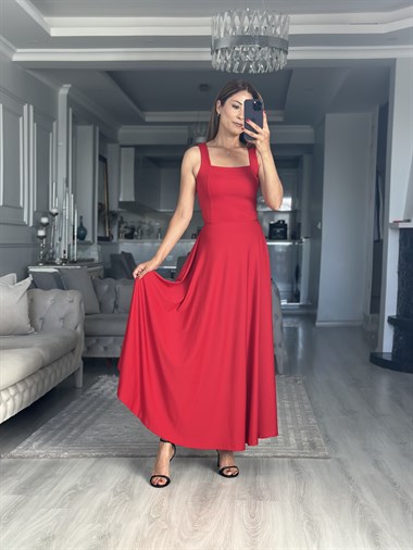 Kırmızı Scuba Bağlama Detay Maxi Boy Kadın Elbise 