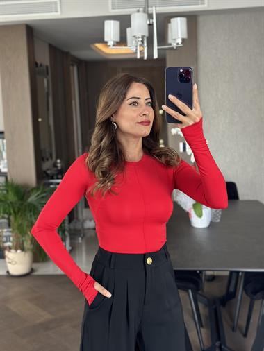 Kırmızı Scuba Bisiklet Yaka Önü Dikişli Parmak Detay Kadın Body