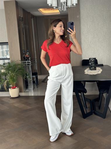 Kırmızı Sim Çizgili V Yaka Kısa Yarasa Kol Basic Kadın T-Shirt