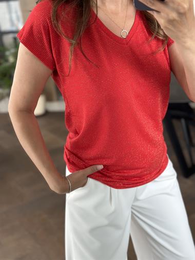 Kırmızı Sim Çizgili V Yaka Kısa Yarasa Kol Basic Kadın T-Shirt