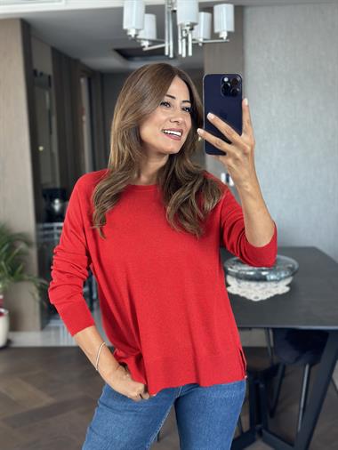 Kırmızı Simli Bisiklet Yaka Uzun Kol Dilvn Merserize Kadın Bluz