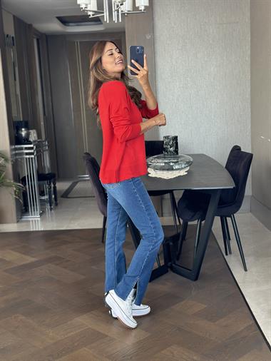 Kırmızı Simli Bisiklet Yaka Uzun Kol Dilvn Merserize Kadın Bluz