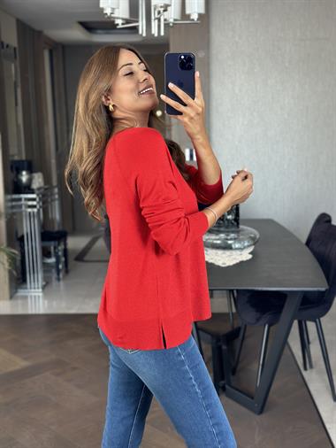 Kırmızı Simli Bisiklet Yaka Uzun Kol Dilvn Merserize Kadın Bluz