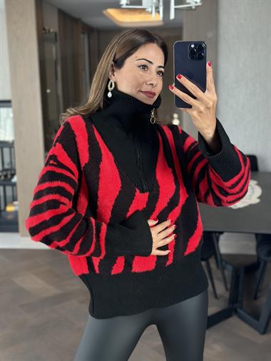 Kırmızı Siyah Kamyoner Yaka Fermuarlı Sakallı Kadın Triko Kazak