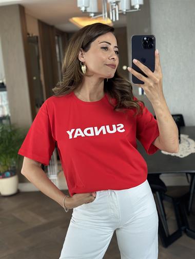 Kırmızı Sunday Yazı Baskılı Bisiklet Yaka Oversize T-Shirt