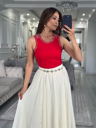 Kırmızı Troklu Sıfır Kol Kaşkorse Kadın Body