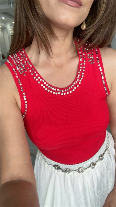 Kırmızı Troklu Sıfır Kol Kaşkorse Kadın Body