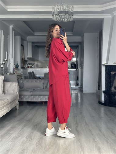 Kırmızı Truvakar Kol Gömlek Balon Pantolon Kadın İkili Takım