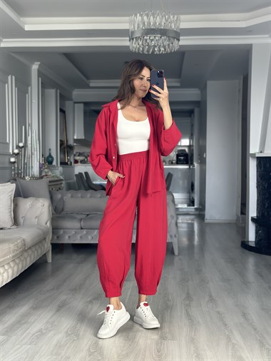 Kırmızı Truvakar Kol Gömlek Balon Pantolon Kadın İkili Takım