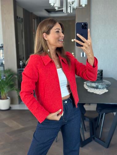 Kırmızı Tüvit Fermuarlı Cepli Kadın Ceket