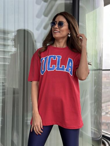 Kırmızı Ucla Bakılı Bisiklet Yaka Kadın T-Shirt