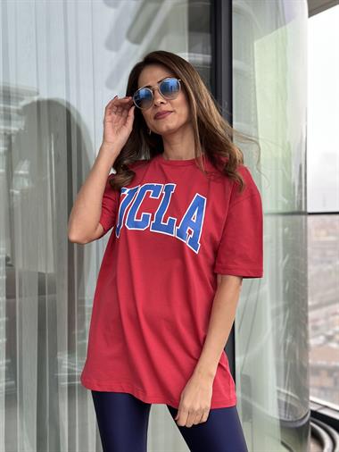 Kırmızı Ucla Bakılı Bisiklet Yaka Kadın T-Shirt
