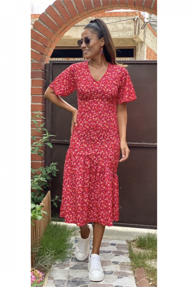 Kırmızı V Yaka Krep Elbise