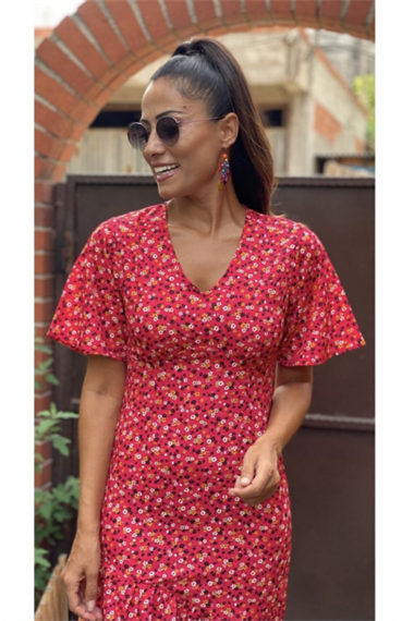 Kırmızı V Yaka Krep Elbise