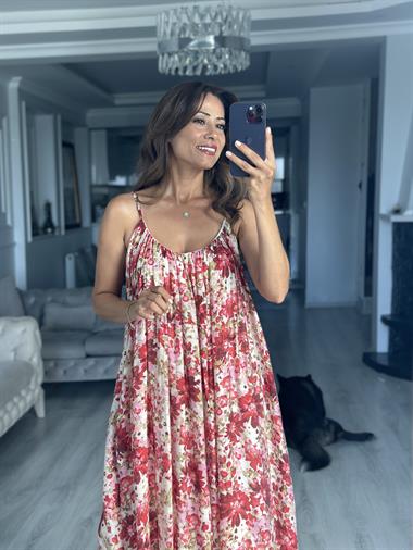 Kırmızı Vual Çiçek Desenli Askılı Midi Boy Kadın Elbise