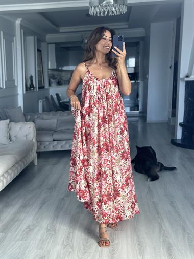 Kırmızı Vual Çiçek Desenli Askılı Midi Boy Kadın Elbise