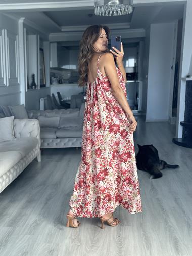 Kırmızı Vual Çiçek Desenli Askılı Midi Boy Kadın Elbise