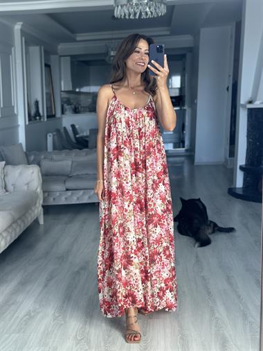 Kırmızı Vual Çiçek Desenli Askılı Midi Boy Kadın Elbise