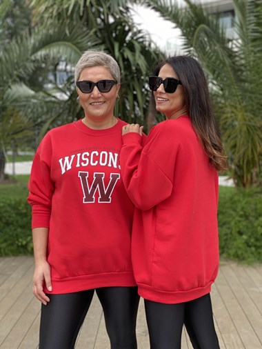 Kırmızı Wisconsin Bisiklet Yaka İki İplik Kadın Sweatshirt