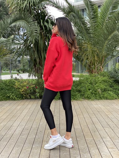 Kırmızı Wisconsin Bisiklet Yaka İki İplik Kadın Sweatshirt