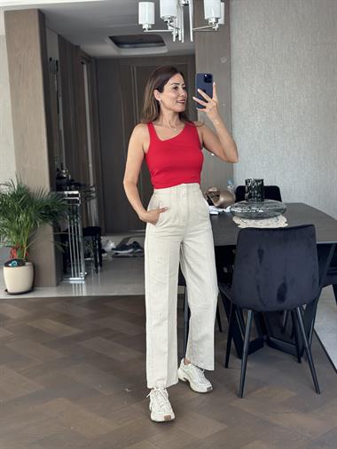 Kırmızı Yan V Yaka Modal Kadın Atlet